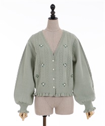 Flower embroidery knit cardigan(Green-Free)