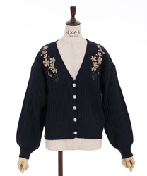 Flower embroidery knit cardigan(Navy-F)