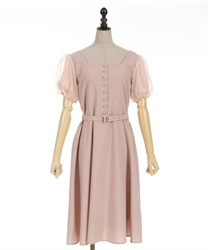 Puff sleeve square neck Dress(Pink-F)