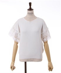 Sleeve lace short sleeve knit Pullover(Ecru-F)