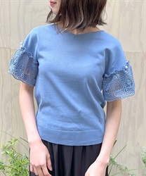 Sleeve lace short sleeve knit Pullover(Blue-F)