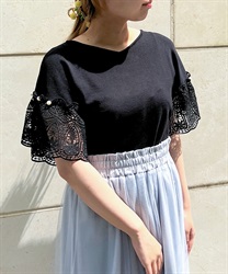 Sleeve lace short sleeve knit Pullover(Black-F)