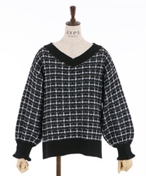 V-neck tweed knit pullover(Black-Free)