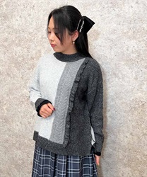 Tricolor color scheme knit Pullover(Grey-F)