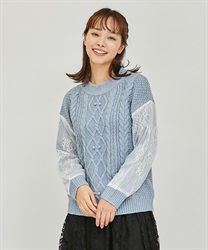 Sleeve lace mock neck knit(Saxe blue-F)