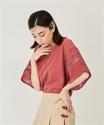 Lace x cotton sleeve cut Pullover(Red-F)