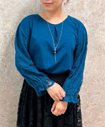 Sleeve lace with necklace Pullover(Blue-F)