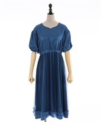 Vintage satin puff sleeves dress(Blue-F)