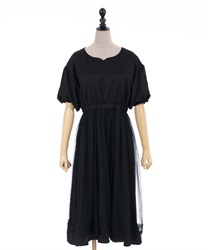 Vintage satin puff sleeves dress(Black-F)