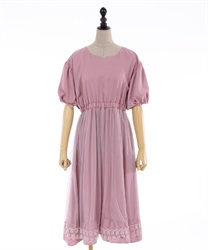 Vintage satin puff sleeves dress(Pink-F)