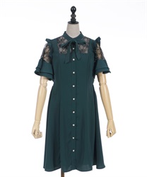 Lace switching flare sleeve Dress(Green-F)