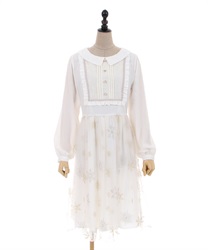 Snow crystal glitter embroidery long sleeve Dress(Ecru-F)