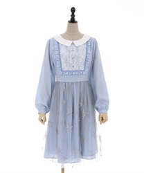 Snow crystal glitter embroidery long sleeve Dress(Saxe blue-F)