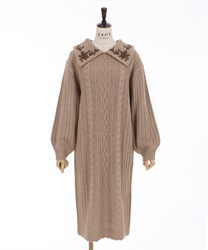 【Time Sale】Knit one-piece with collar design(Beige-Free)