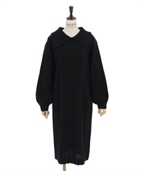 【Time Sale】Knit one-piece with collar design(Black-Free)