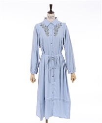 Flower embroidery volume sleeves shirt dress(Saxe blue-F)