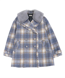 Check pattern coat with fur collar(Blue-Free)