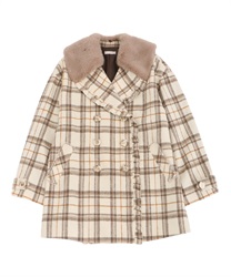Check pattern coat with fur collar(Beige-Free)