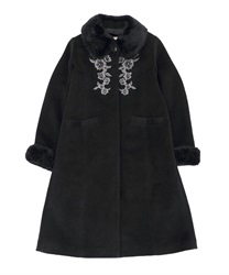 Long embroidery coat with fur collar(Black-M)