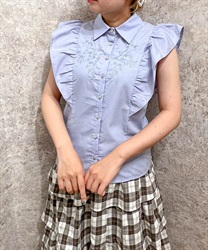 Embroidery plastic frills Blouse(Saxe blue-F)