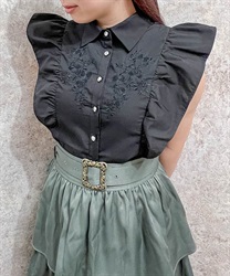 Embroidery plastic frills Blouse(Black-F)