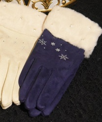 Snow embroidery x Pearl fur gloves(Navy-F)