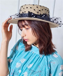 Dotted tulle straw hat(Black-M)