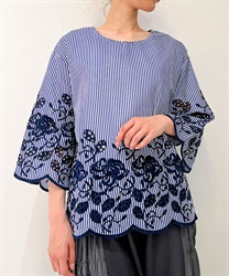 Panel embroidery Pullover(Blue-F)