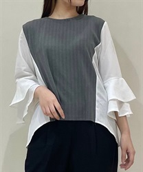 Different material switching sleeve frill Pullover(Grey-F)