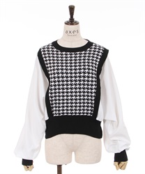 Chidori pattern knit x plain color scheme Pullover(Black-F)