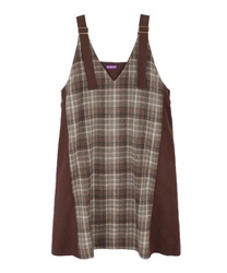 【Time Sale】Check pattern flare jumper skirt(Brown-Free)