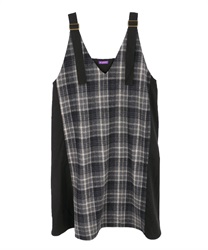 【Time Sale】Check pattern flare jumper skirt(Black-Free)