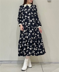Flower pattern jacquard Dress with collar(Black-F)