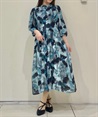 Sheer large floral pattern front opening Dress(Blue-F)
