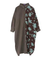 【Time Sale】Flower pattern shirt one-piece(Brown-Free)