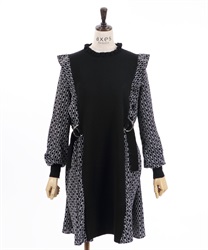 Side print knit switching Dress(Black-F)