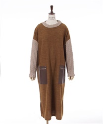 Sleeve cable different material color scheme Dress(Camel-F)