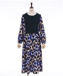 Geometric pattern different material switching Dress(Navy-F)