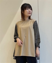 Checking different material switching tuck Pullover(Beige-F)