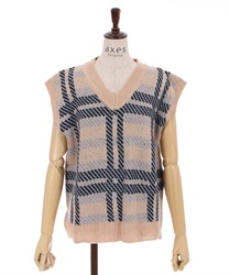 Check pattern Knit Vest(Beige-F)