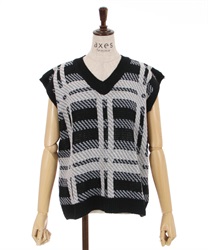 Check pattern Knit Vest(Black-F)
