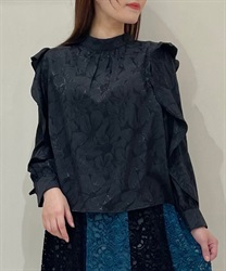 Sleeve frill floral pattern Pullover(Black-F)