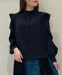 Sleeve frill design satin Pullover(Black-F)