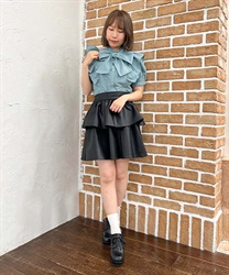 Fake leather frill Skirt(Black-M)