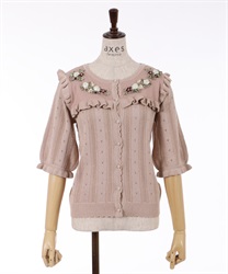 Ribbon flower embroidery watermark knitting Cardigan(Pink-F)