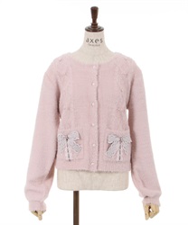 Feather knit Cardigan with ribbon(Pink-F)
