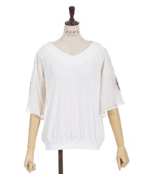 Tulle x embroidery flare sleeve Pullover(White-F)