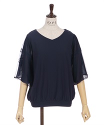Tulle x embroidery flare sleeve Pullover(Navy-F)