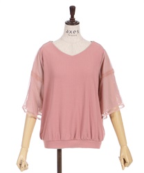 Tulle x embroidery flare sleeve Pullover(Pink-F)