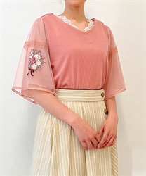 Tulle x embroidery flare sleeve Pullover